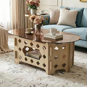 Tavolino da Caffè Ovale 38.6'' con Piano in Vetro Temperato Color Caramello e Base in Legno Intagliato, Tavolo da Tè Stile Rustico per Soggiorno - Product Image 3