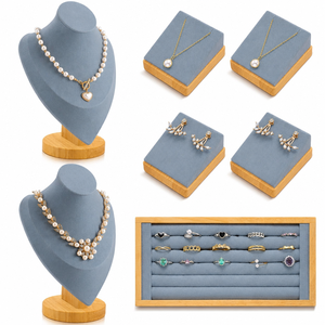 WEIMEI Présentoirs en bois et velours gris-bleu pour colliers, bagues et bijoux, idéaux pour boutiques, bijouteries et magasins de cadeaux - Ensemble de présentation de bijoux - Product Image 1
