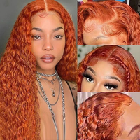 Grosir Wig 13x4 Full, Rambut Brazil 100% Asli, Gelombang Air Warna Ginger, Rambut Virgin Remy Transparan untuk Wanita Kulit Hitam