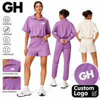 Ensemble de vêtements de sport GH 4 pièces pour femmes, nylon et élasthanne, décontracté, col polo zippé, t-shirt et short avec poches, tenue de loisirs