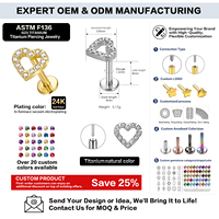 Clous d'oreille sans filetage en titane ASTM F136 G23 en forme de cœur, avec zircon, qualité implant, type push-pin, labret plaqué or, bijoux de piercing corporel