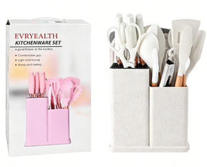 OEM/ODM Ensemble de 19 Pièces de <span class=keywords><strong>Couteaux</strong></span> de <span class=keywords><strong>Cuisine</strong></span> en Silicone avec Manche en Bois, Planche à Découper et Bac de Rangement Spécial Comprenant des Spatules et Ustensiles - Product Image 5