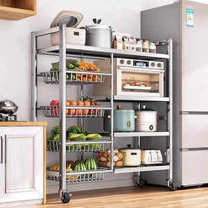 Chariot de rangement de cuisine en acier inoxydable à 5 niveaux, étagère mobile avec paniers en fil métallique pour fruits, légumes et ustensiles - Product Image 2