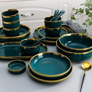 Оптовая продажа, тарелки с зеленым золотым ободком, набор из чаши 4,5 дюйма, роскошные столовые тарелки, керамические Столовые сервизы