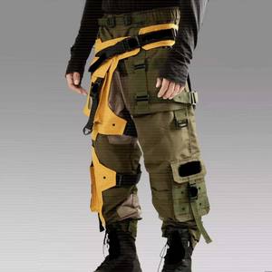 남성용 노란색 스트리트 힙합 스타일 배기형 헤비 듀티 카고 팬츠 다수의 포켓 스트랩 팬츠 - Product Image 5