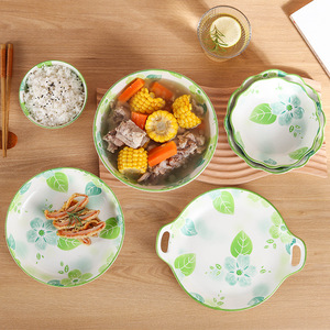 Ceramic Bone China Tableware Plates Bowls Dishes <b>Microwave</b> Safe Glazed Plant Pattern Household High-End Fresh Style <b>Set</b> Spoon - Product Image 2