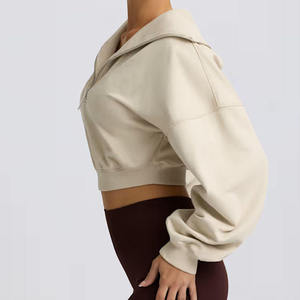 OEM Eco-Friendly Breathable Lined Lightweight Other Fabric Quarter-<b>zip</b> <b>Hooded</b> Drop Shoulder Ribbed Hem Women Cropped Sweatshirt - Product Image 5