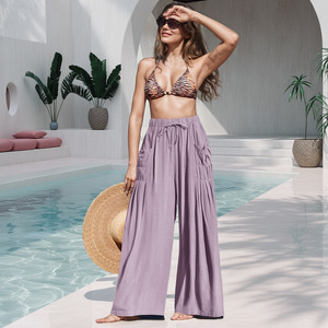 <span class=keywords><strong>Pantaloni</strong></span> larghi <span class=keywords><strong>estivi</strong></span> a vita alta in <span class=keywords><strong>lino</strong></span> traspirante stile europeo americano pieghettato con volant Casual da spiaggia con coulisse - Product Image 2