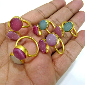 Anillos Druzy chapados en oro de primera calidad de 24 quilates, diseño de doble piedra multicolor, tamaño ajustable, 10-20mm, tamaño libre, colgantes finos, mezcla de dijes - Product Image 1