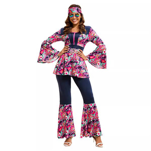 Women 70s Retro Hippie Disco <b>Dance</b> Costume Bohemian Flared Sleeve Skirt Outfit High Waist Breathable Party Jumpsuit - Product Image 3