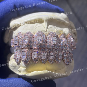 Kustom bagian atas bawah 8 10 S925 perak es keluar sempurna VVS potongan Oval Moissanite Lab berlian 10K 14K 18K padat mawar emas gigi Grillz - Product Image 1