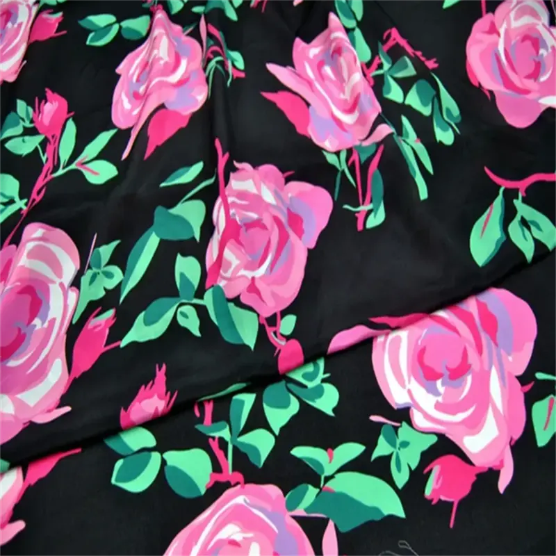 Color Rosa Impresión Diseño Precio de descuento Gran calidad Material Seda Crepe De Chine Tela para un gran vestido