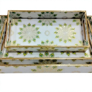 Plateau décoratif rectangulaire en MDF avec motif mandala bleu gravé, style bohème, avec poignée, plateau de service - Product Image 5