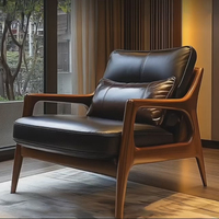 Fauteuil de salon vintage en cuir véritable et bois massif, design rétro