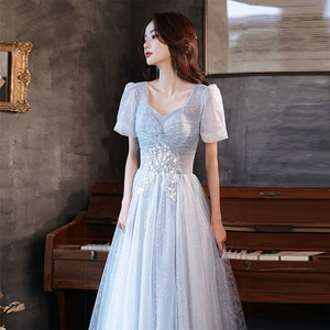 Blue Evening Gown Sweetheart Neckline A-Line Empire Waist Floral Print Light Blue Gray Long Dress For Banquets And Performances - Product Image 1