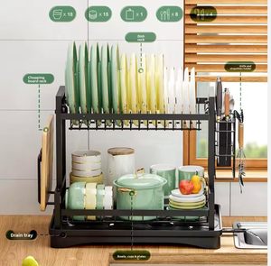 Kitchen Wall Mounted Double Tier Multi-functional <b>Dish</b> Organizer <b>Rack</b> Drainer Stand Waterproof Metal Storage for Chopsticks Sink - Product Image 2