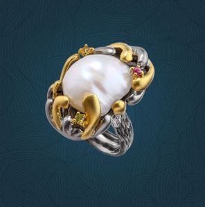 <span class=keywords><strong>El</strong></span> trabajo artesanal italiano 18K chapado en oro de Plata de Ley 925 hecho a mano grande Natural barroca, Perla anillo - Product Image 5