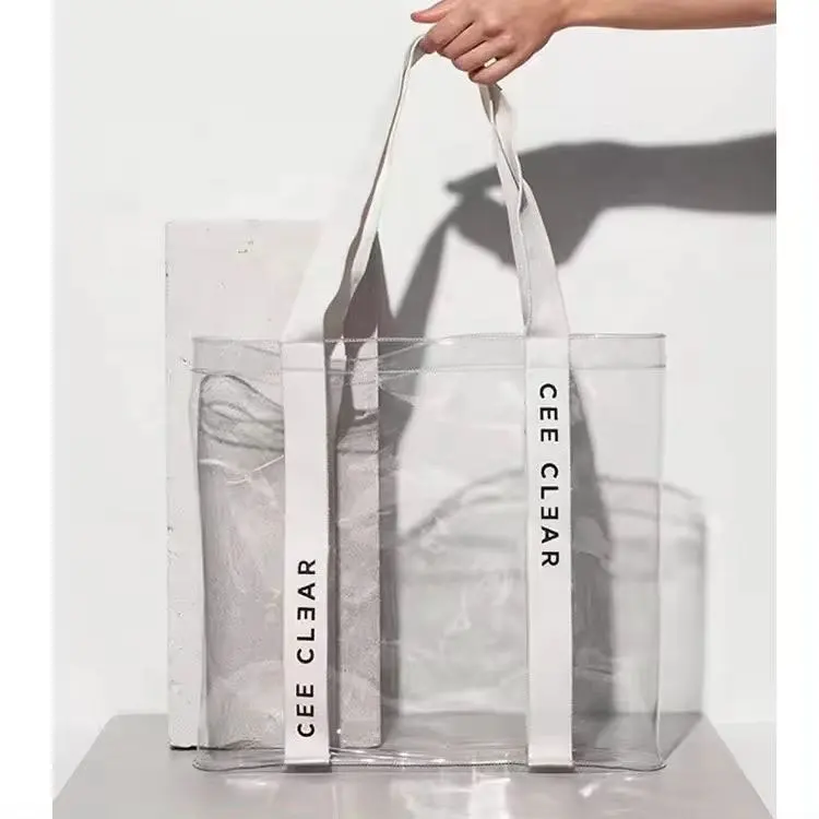 Yeni tasarım özel renkli şeffaf hediye çantası su geçirmez PVC alışveriş temizle Tote çanta
