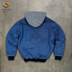 Kingsen – Sweat à capuche zippé en coton épais de haute qualité, style vintage délavé, coupe oversize pour homme, motif color block et denim à carreaux - Product Image 3