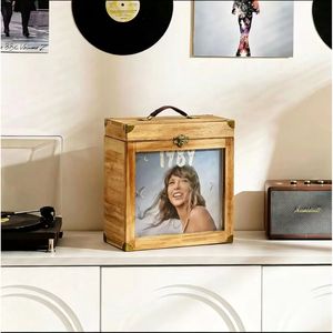 Cross-border wooden portable storage box, household vinyl <b>record</b> collection box, solid wood CD and disc organizer, - Product Image 1