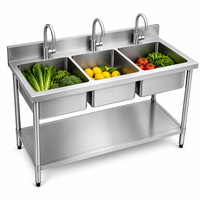 Évier de cuisine professionnel robuste à trois bacs en acier inoxydable 304 201 avec égouttoir pour la restauration