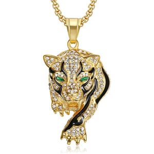 Gold Plated Leopard Head Pendant <b>Necklace</b> With Diamond Pave Setting <b>For</b> <b>Men</b> Party Jewelry Stainless Steel Animal Zodiac Design - Product Image 5