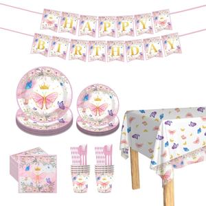 مجموعة أدوات مائدة للاستخدام مرة واحدة بتصميم تاج الفراشة الوردية لعيد الحب وأعياد الميلاد والمناسبات، زينة كرتونية رائجة - Product Image 3