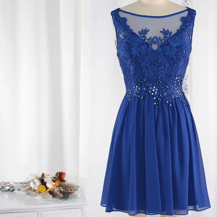 패션 맞춤 보트 칼라 민소매 라인 레이스 applique 이브닝 쉬폰 드레스 블루 드레스