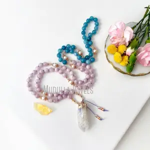 MN43544 Natural Gemstone Angelite Kunzite Pearls Citrine 108 Mala Beads Hand Knotted Necklace Prayer Yoga Goddess Jewelry Gift