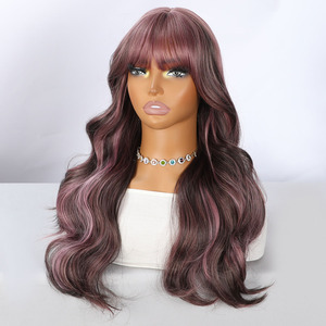 26-inch Brown-highlighted <strong>pink</strong> Wavy <strong>Wig</strong> for Women with Bangs - Heat-resistant Synthetic Hair, Long and Flowing Style Sm412-12 - Product Image 4