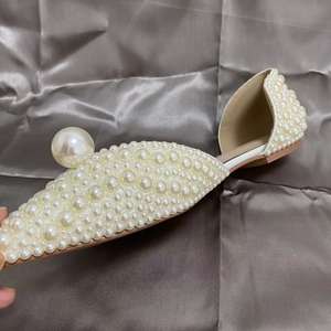 Chaussures plates blanches pour mariée, sandales à talons bas pour femme, chaussures de fête, avec perles, direct usine - Product Image 3