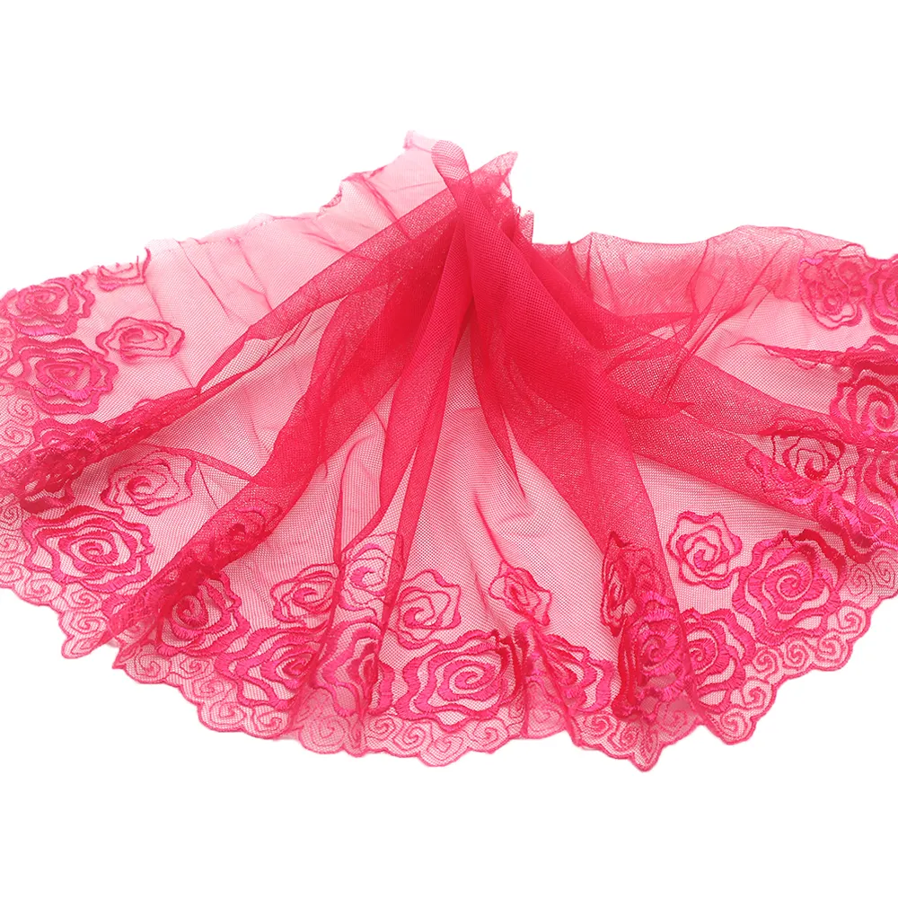 28CM Width Hotpink Soft Mesh 100% Polyester Wedding Embroidered Rose Flower DIY Lace Trim For Underwear