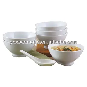 Set Mangkuk dan Sendok Sup Cina, Keramik Kosong Putih