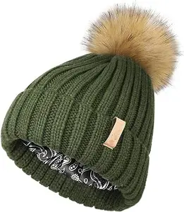 Womens Mùa Đông Ấm Áp Đan Beanie Mũ Satin Lót Faux Fur Pom Pom Beanies Hat Cho Cô Gái