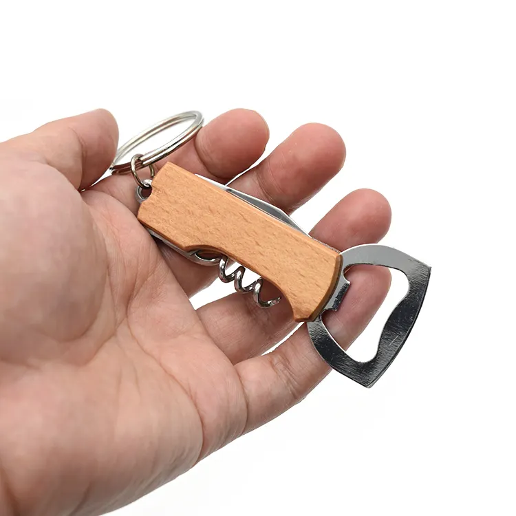 Promotional blank wooden bottle opener keyring 3 in 1 corkscrew wine bottle opener keychain with custom logo