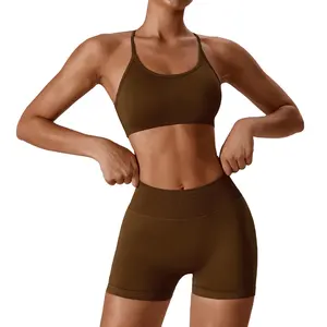 Combinaison de yoga vêtements d'entraînement nude accrocher le cou beau soutien-gorge arrière haute qualité vêtements d'exercice de qualité supérieure shorts de yoga 2 pièces ensemble de yoga
