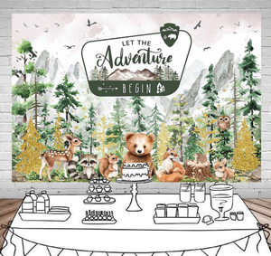 Avventura inizia lo sfondo del Baby Shower avventura attende decorazioni per Baby Shower nei boschi di montagna - Product Image 1