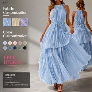 Abito lungo da donna in poliestere e cotone, azzurro, estivo, girocollo, senza maniche, con spalline e cintura, plissettato, a balze, con volant, linea ad A - Product Image 1