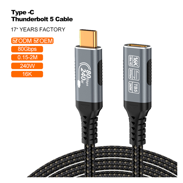 A393-7 16K Type-C USB 4.0 Male Female Extension Cable 240W PD 80Gbps Thunderbolt 5 Charging Data 8K PVC USB Cable for Notebook