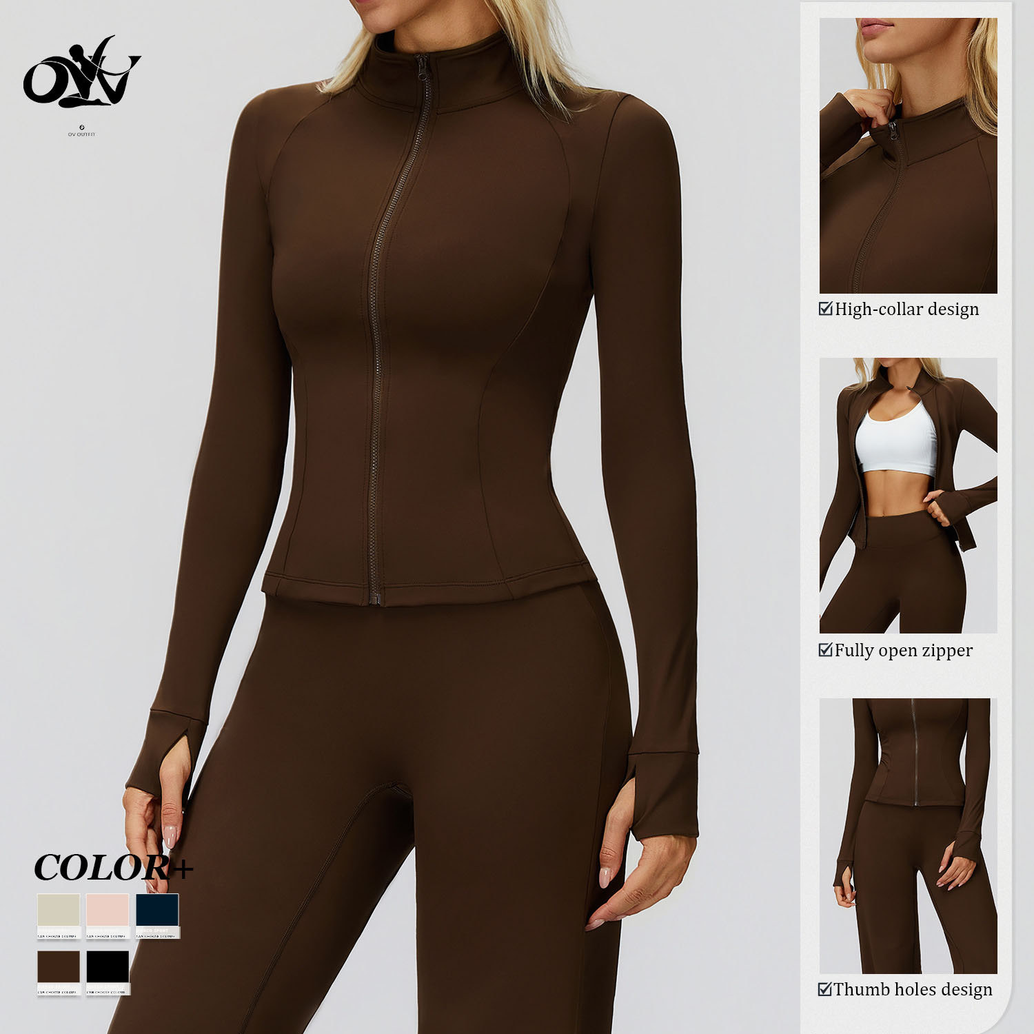 Autumn and Winter Stand-collar Sports Clothing Zipper Windproof and Thumb-holes Design Long Sleeve Top Casual Yoga Jackets Women