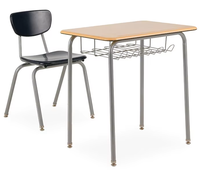 Ensemble classique de bureau et chaise d'école avec panier en fil métallique, table d'étude à plateau en bois à hauteur fixe, mobilier robuste pour salle de classe