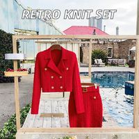 Ensemble tricoté géométrique uni style rétro pour femme, cardigan court à revers double boutonnage à manches longues, jupes slim avec ceinture, imprimé automne