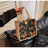 Sac fourre-tout en lin décontracté de style vintage avec motif floral, grande capacité, avec bouton, sac de shopping réutilisable, sac cadeau promotionnel
