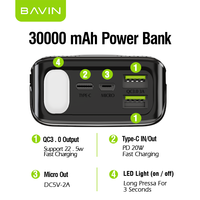 BAVIN Banque d'alimentation portable à charge rapide 22,5 W, grande capacité 30000 mAh, avec lampe torche LED, prix de gros d'usine, logo personnalisé