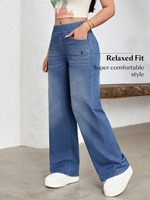 Jean large taille haute en denim délavé pour femme, grande taille, décontracté