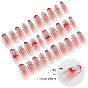 Faux ongles à presser, rose nude, œil de chat, dégradé rouge, nœud, faits à la main, couverture complète, faux ongles français à presser avec des languettes adhésives, vente en gros - Product Image 4