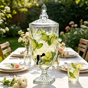Distributeur de boissons en verre transparent 5L Diamond Crisscut, <span class=keywords><strong>Jarre</strong></span> à punch sur pied haut avec robinet chromé pour mariages et buffets - Product Image 1
