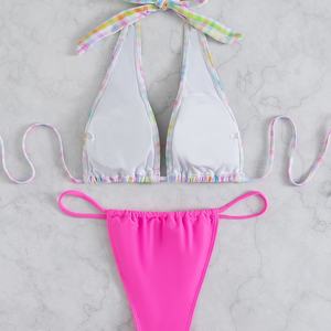 Venta al por mayor de fábrica: Conjunto de bikini personalizado para mujer de talla grande, con microbra de tiras en V, espalda descubierta, estampado, antibacteriano y de secado rápido. - Product Image 4
