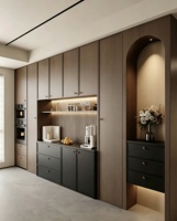 Buffet d'appoint personnalisé de style mid-century, armoire de cuisine intégrée avec niche pour appareils électroménagers et arche de présentation