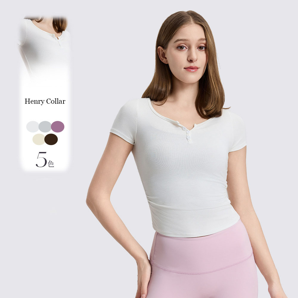 Women Summer Yoga Top Short Sleeve Henley Neck Button Down Slim Fit Crop T Shirt Fitness Workout Tee